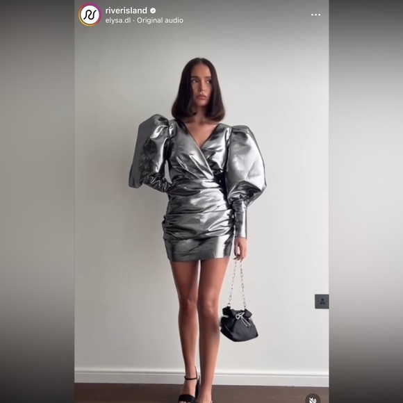 NWT River Island Metallic Silver Balloon Sleeves Bodycon Mini Dress Size 8 US - Picture 8 of 14